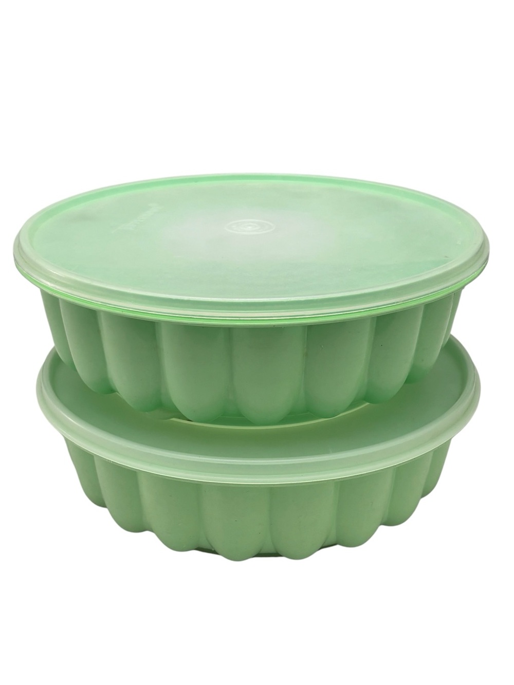 1970’s Mint Green Tupperware Fluted Jel-Ring Jello Molds x 2 With Lids